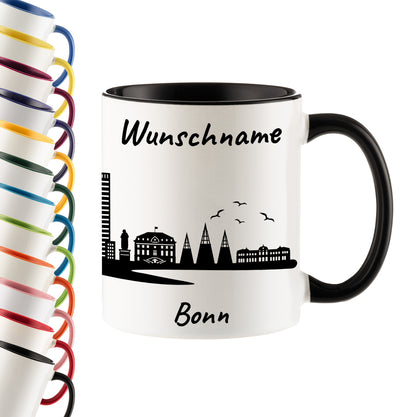 Tasse in Schwarz 330ml bedruckt mit der Skyline von Bonn personalisierbar mit Wunschname