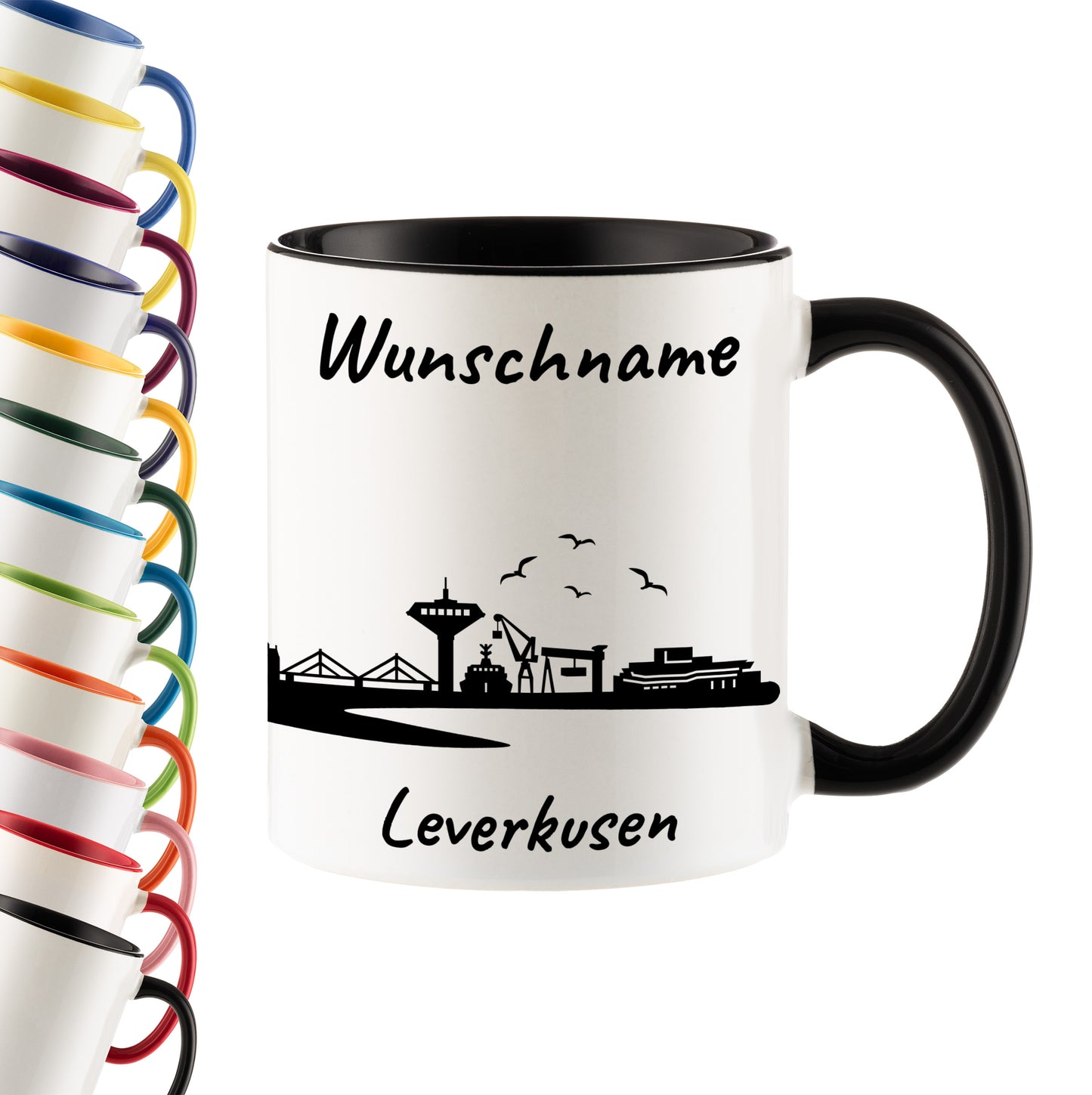 Tasse in Schwarz 330ml bedruckt mit der Skyline von Leverkusen personalisierbar mit Wunschname