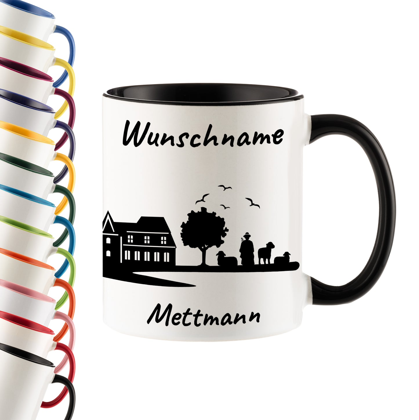 Tasse in Schwarz 330ml bedruckt mit der Skyline von Mettmann personalisierbar mit Wunschname