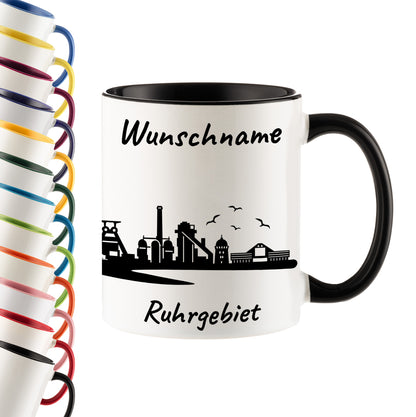 Tasse in Schwarz 330ml bedruckt mit der Skyline von Ruhrgebiet personalisierbar mit Wunschname