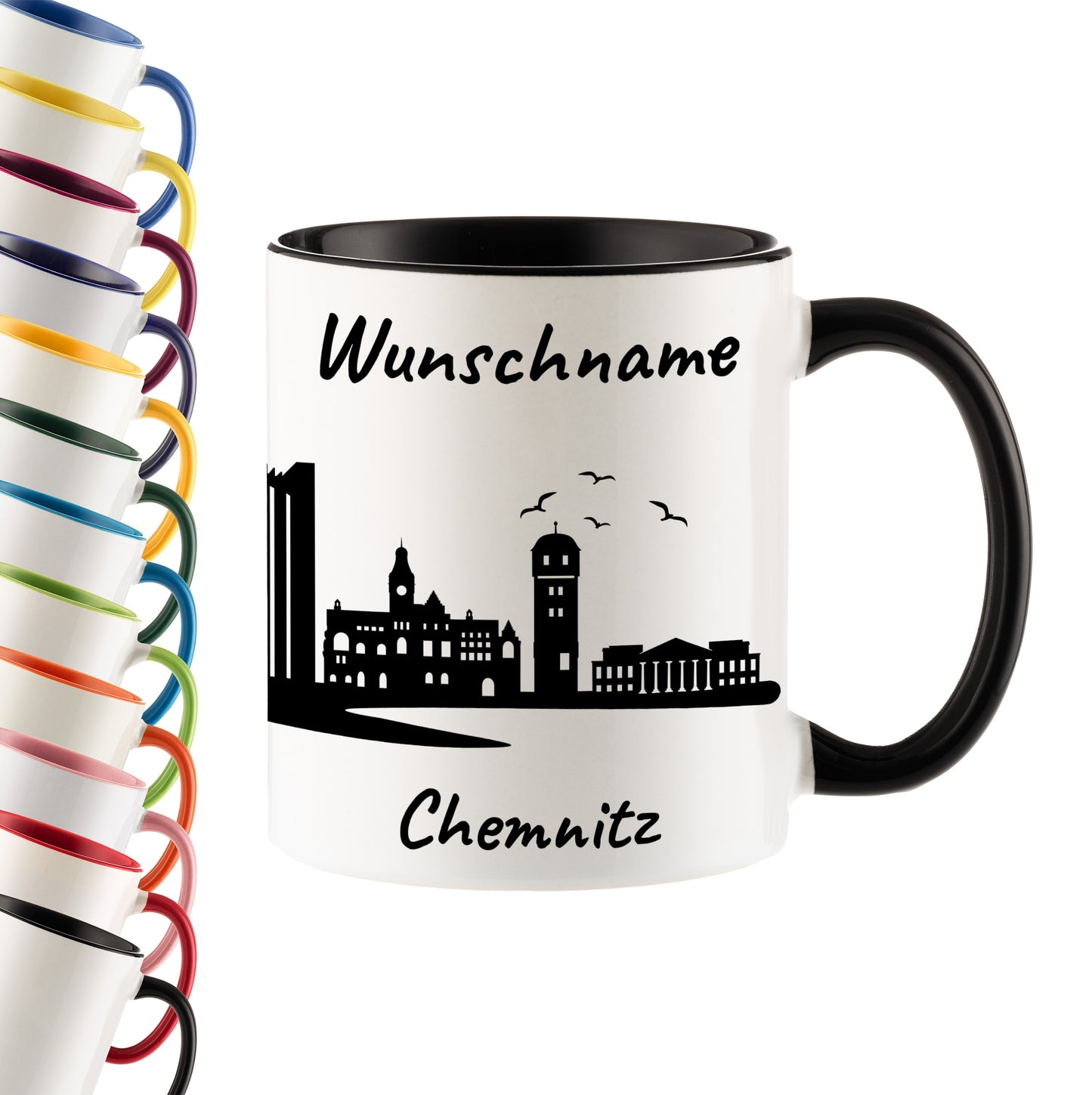 Tasse in Schwarz 330ml bedruckt mit der Skyline von Chemnitz personalisierbar mit Wunschname