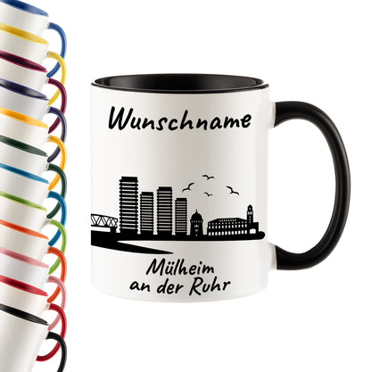 Tasse in Schwarz 330ml bedruckt mit der Skyline von Mülheim an der Ruhr personalisierbar mit Wunschname