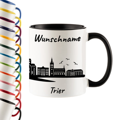 Tasse in Schwarz 330ml bedruckt mit der Skyline von Trier personalisierbar mit Wunschname