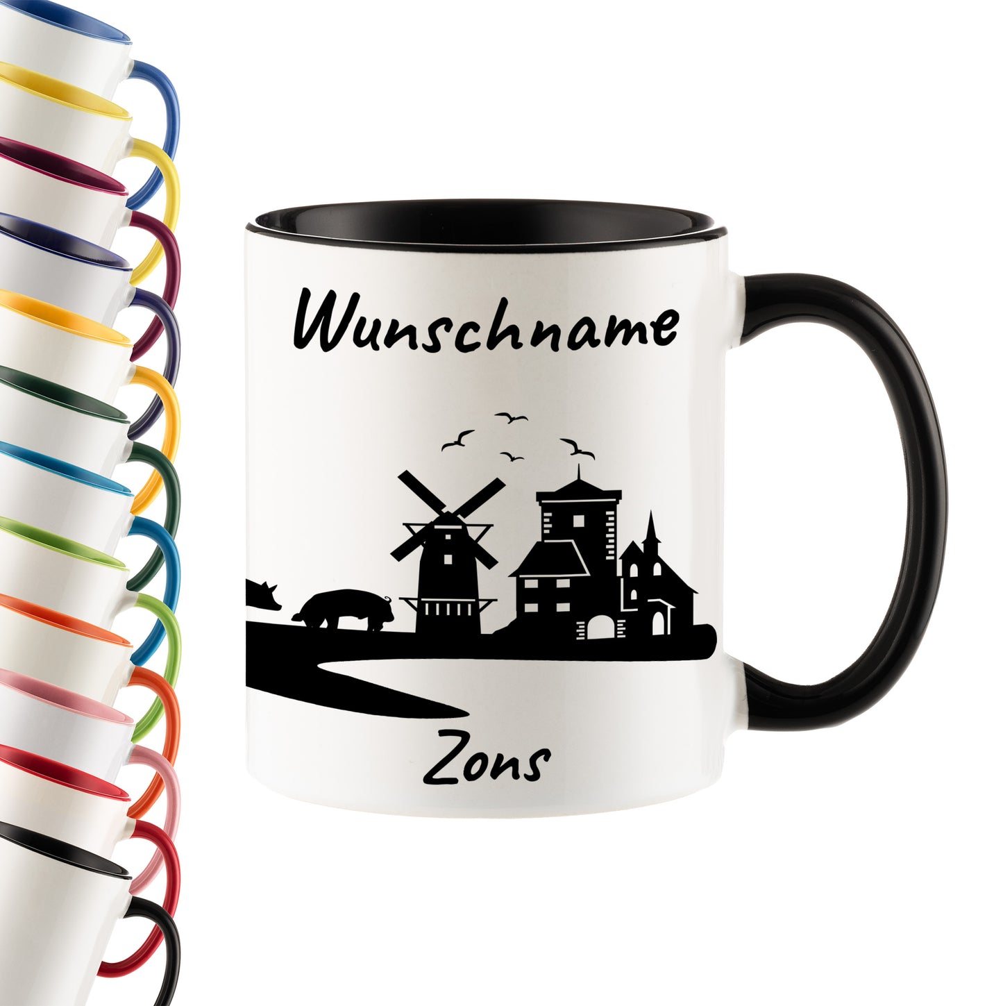 Tasse in Schwarz 330ml bedruckt mit der Skyline von Zons (Dormagen) personalisierbar mit Wunschname