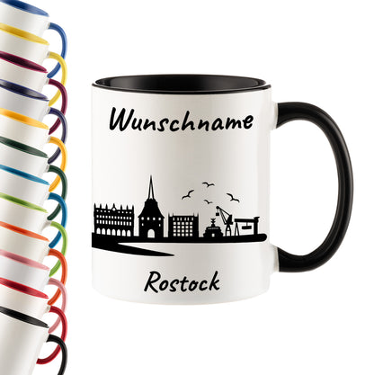 Tasse in Schwarz 330ml bedruckt mit der Skyline von Rostock personalisierbar mit Wunschname