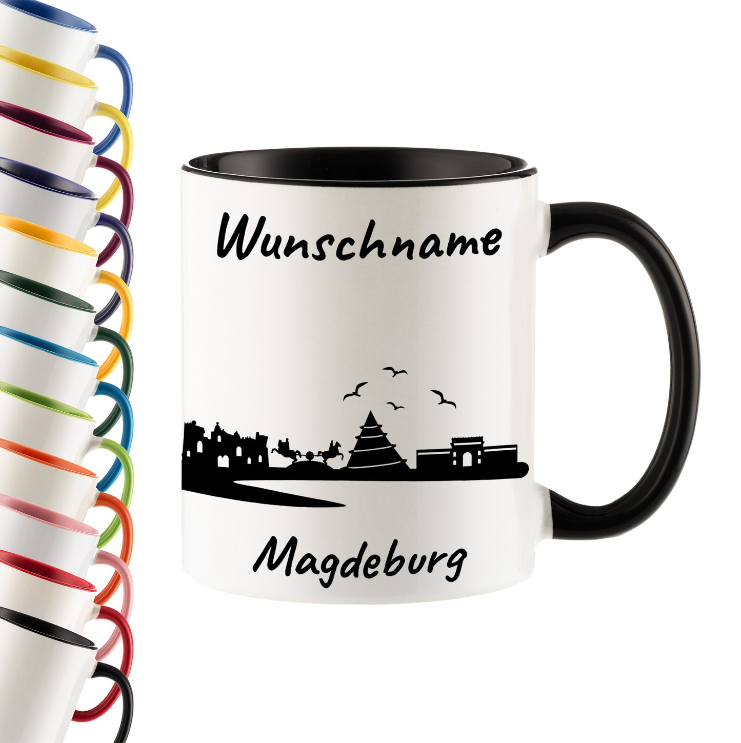 Tasse in Schwarz 330ml bedruckt mit der Skyline von Magdeburg personalisierbar mit Wunschname