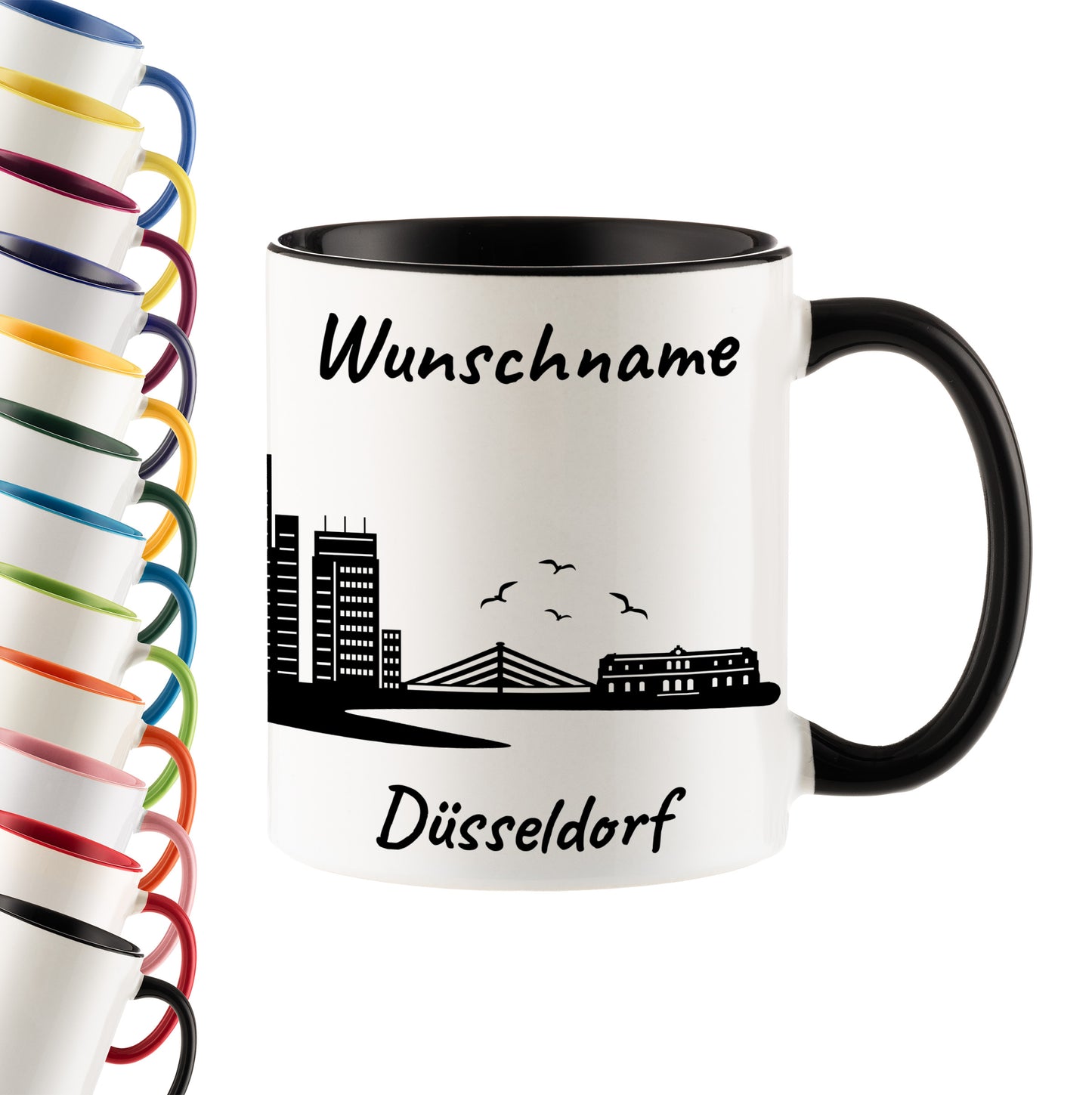Tasse in Schwarz 330ml bedruckt mit der Skyline von Düsseldorf personalisierbar mit Wunschname