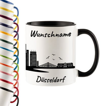 Tasse in Schwarz 330ml bedruckt mit der Skyline von Düsseldorf personalisierbar mit Wunschname