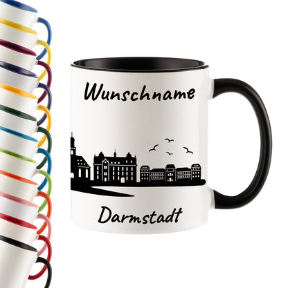 Tasse in Schwarz 330ml bedruckt mit der Skyline von Darmstadt personalisierbar mit Wunschname