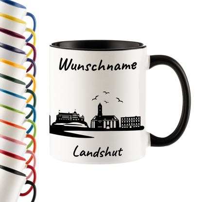 Tasse in Schwarz 330ml bedruckt mit der Skyline von Landshut personalisierbar mit Wunschname