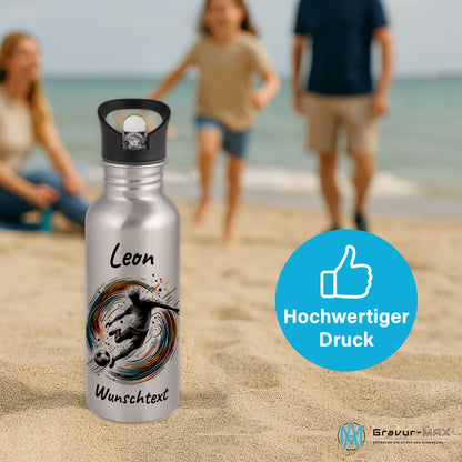 Trinkflasche mit Strohhalm in Silber 600ml bedruckt mit Fußball Motiven"Motiv1" personalisierbar für Kinder mit Wunschname aus Edelstahl