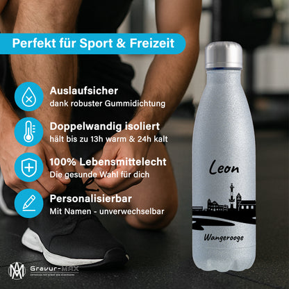 Glitzer Trinkflasche in Silber 500ml aus Edelstahl bedruckt mit der Skyline von Wangerooge personalisierbar mit Wunschname