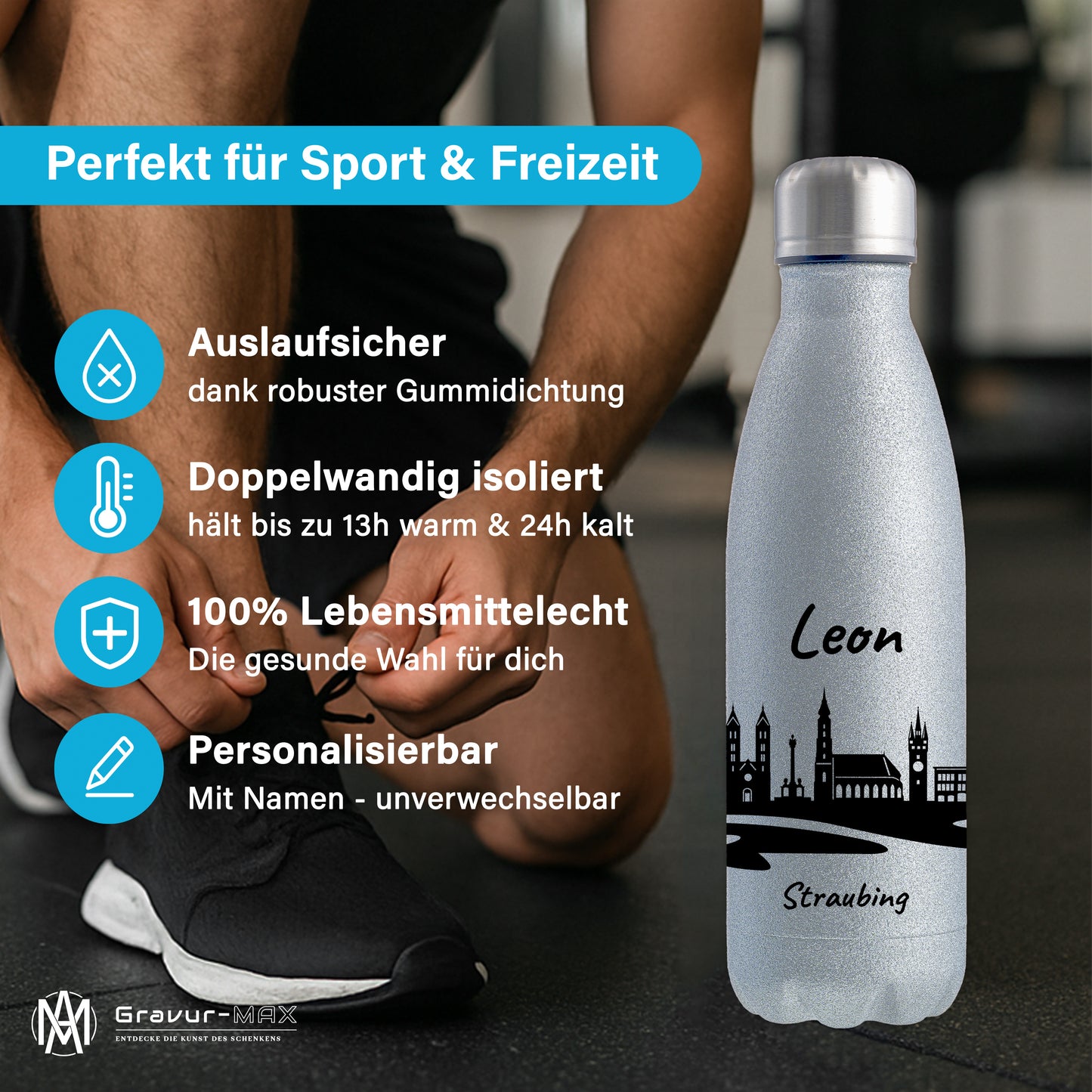 Glitzer Trinkflasche in Silber 500ml aus Edelstahl bedruckt mit der Skyline von Straubing personalisierbar mit Wunschname