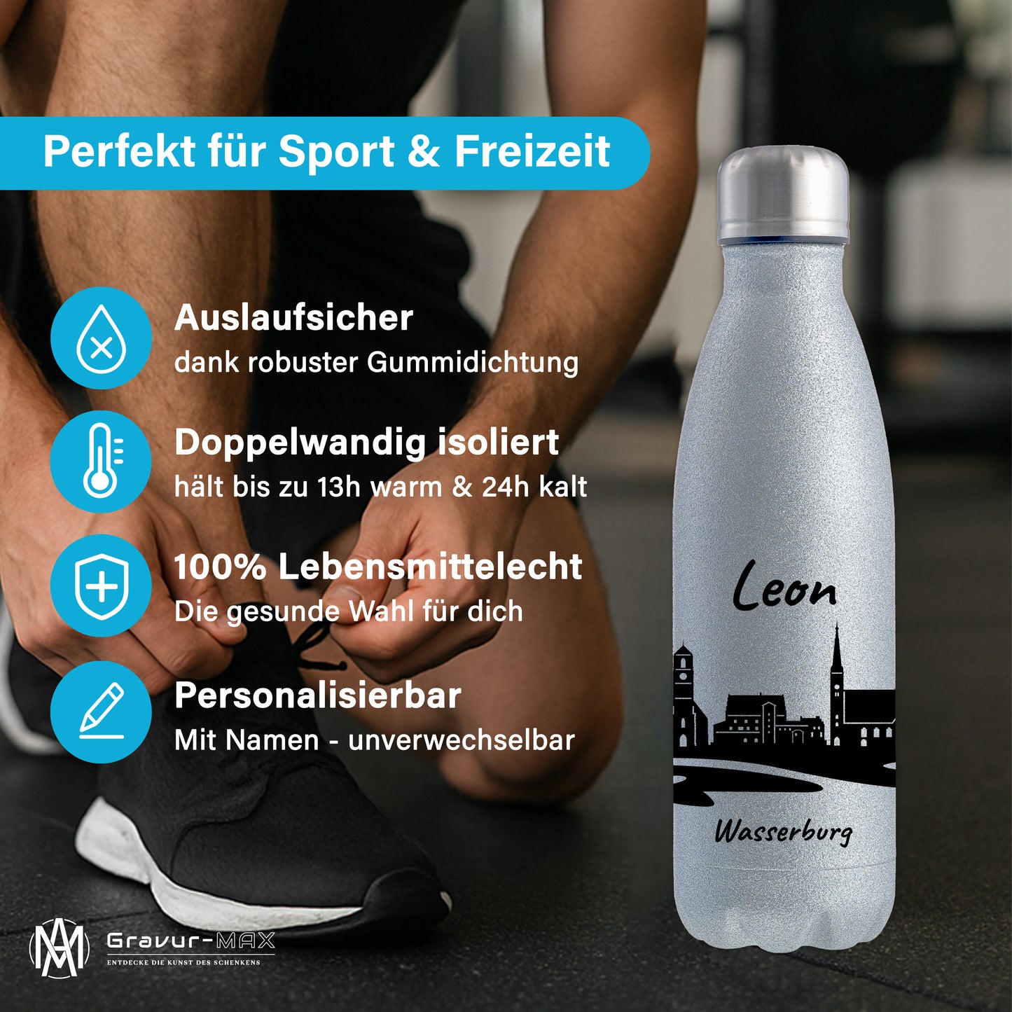 Glitzer Trinkflasche in Silber 500ml aus Edelstahl bedruckt mit der Skyline von Wasserburg personalisierbar mit Wunschname