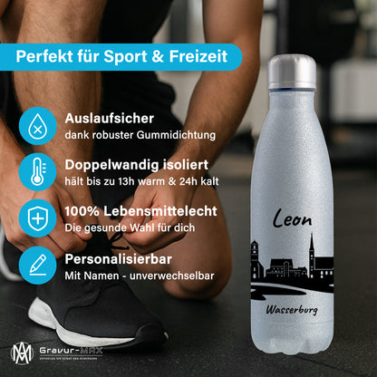 Glitzer Trinkflasche in Silber 500ml aus Edelstahl bedruckt mit der Skyline von Wasserburg personalisierbar mit Wunschname