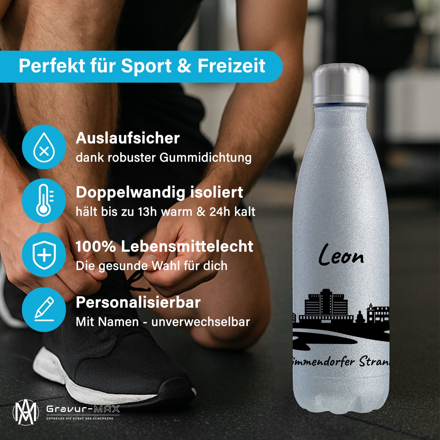 Glitzer Trinkflasche in Silber 500ml aus Edelstahl bedruckt mit der Skyline von Timmendorfer Strand personalisierbar mit Wunschname