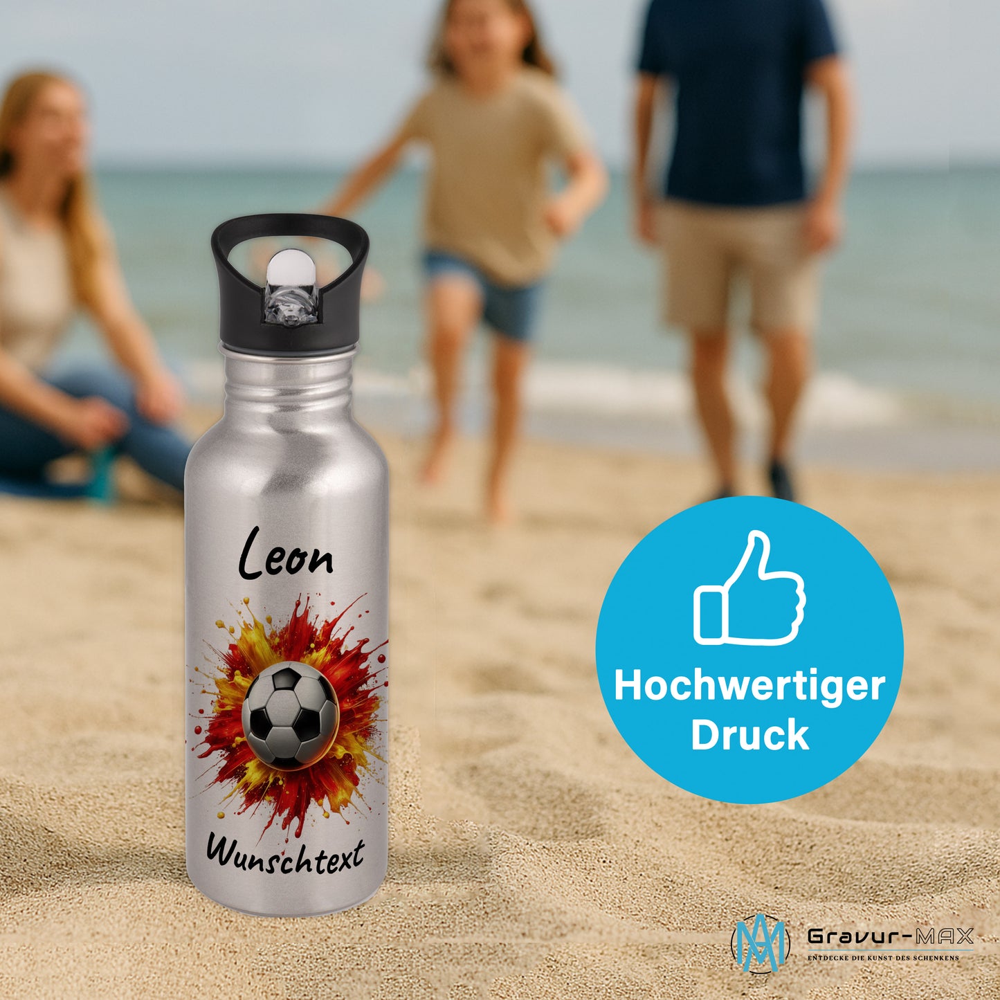 Trinkflasche mit Strohhalm in Silber 600ml bedruckt mit Fußball Motiven"Motiv9" personalisierbar für Kinder mit Wunschname aus Edelstahl