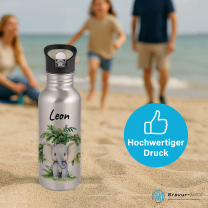 Trinkflasche mit Strohhalm in Silber 600ml bedruckt mit Dschungel Tieren"Elefant" personalisierbar für Kinder mit Wunschname aus Edelstahl