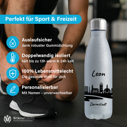 Glitzer Trinkflasche in Silber 500ml aus Edelstahl bedruckt mit der Skyline von Darmstadt personalisierbar mit Wunschname