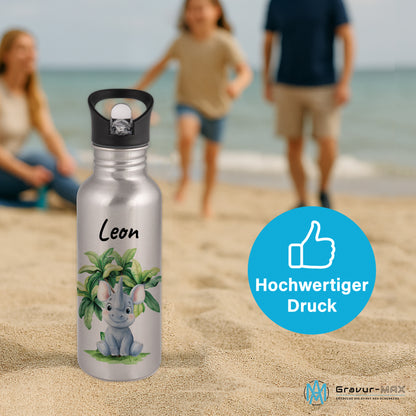 Trinkflasche mit Strohhalm in Silber 600ml bedruckt mit Dschungel Tieren"Nashorn" personalisierbar für Kinder mit Wunschname aus Edelstahl