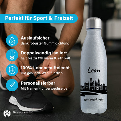 Glitzer Trinkflasche in Silber 500ml aus Edelstahl bedruckt mit der Skyline von Braunschweig personalisierbar mit Wunschname