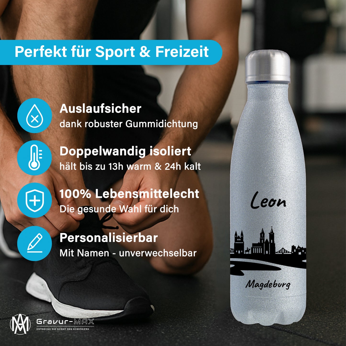 Glitzer Trinkflasche in Silber 500ml aus Edelstahl bedruckt mit der Skyline von Magdeburg personalisierbar mit Wunschname