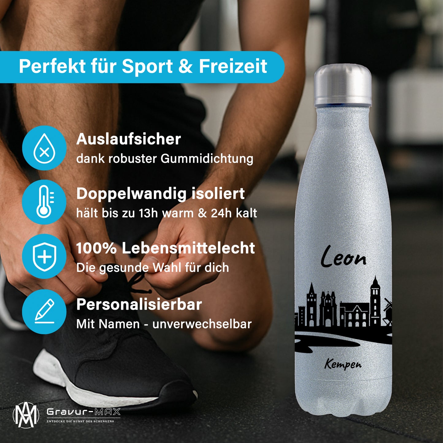 Glitzer Trinkflasche in Silber 500ml aus Edelstahl bedruckt mit der Skyline von Kempen personalisierbar mit Wunschname