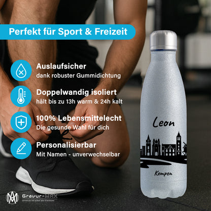 Glitzer Trinkflasche in Silber 500ml aus Edelstahl bedruckt mit der Skyline von Kempen personalisierbar mit Wunschname