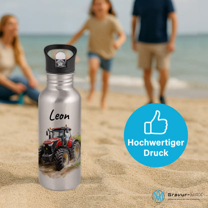 Trinkflasche mit Strohhalm in Silber 600ml bedruckt mit tollen Motiven für Kinder "Traktor" personalisierbar für Kinder mit Wunschname aus Edelstahl