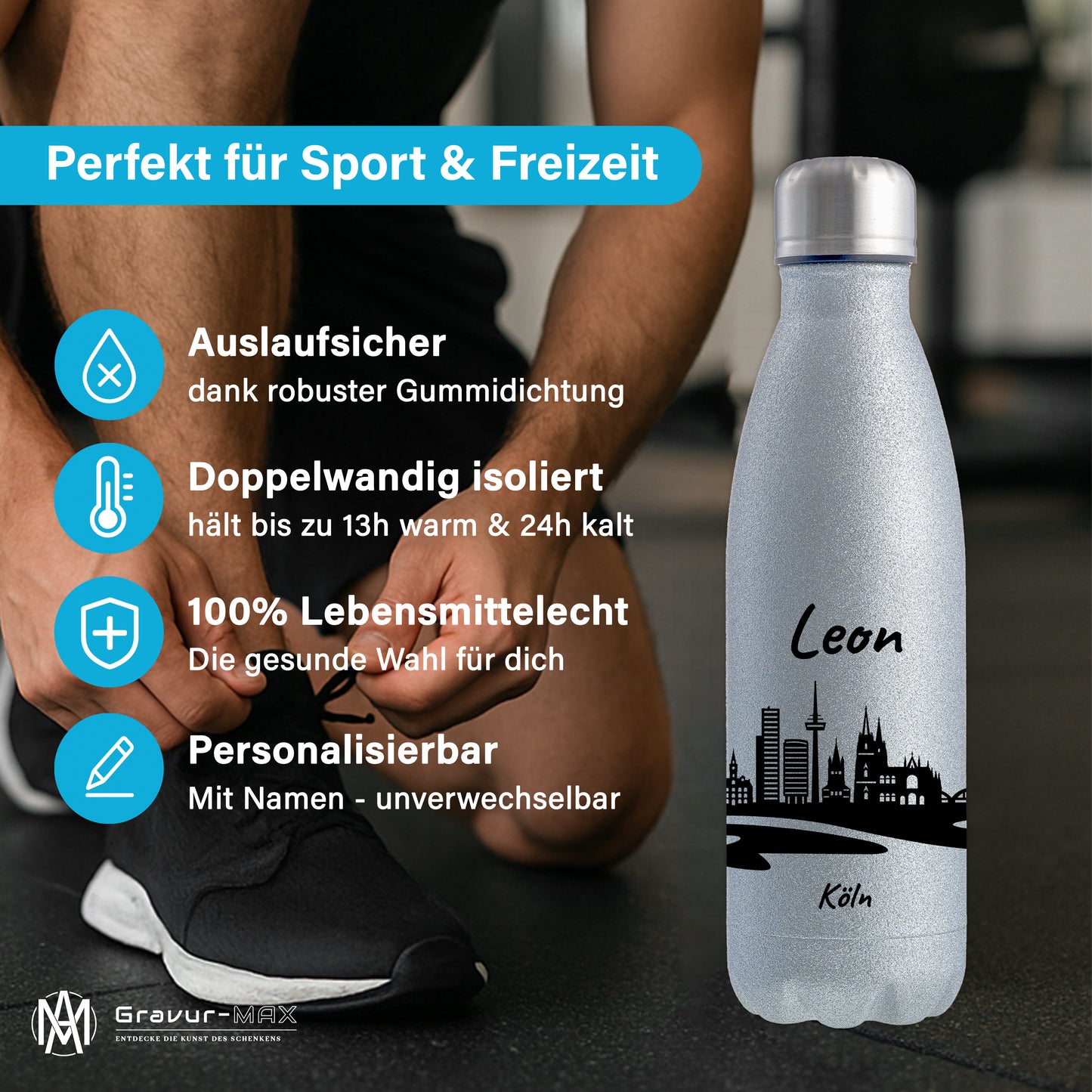Glitzer Trinkflasche in Silber 500ml aus Edelstahl bedruckt mit der Skyline von Köln personalisierbar mit Wunschname