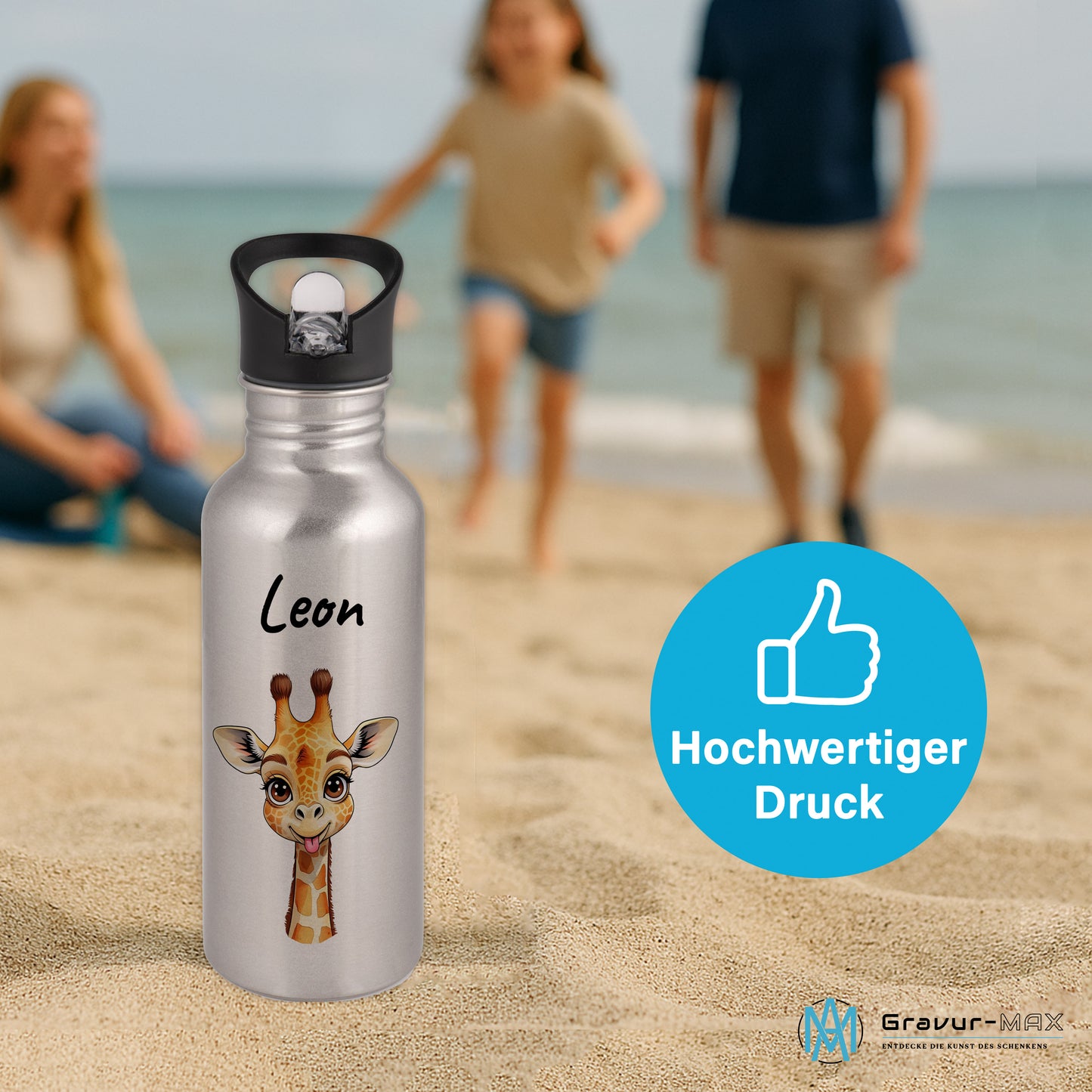 Trinkflasche mit Strohhalm in Silber 600ml bedruckt mit niedlichen Tieren"Giraffe" personalisierbar für Kinder mit Wunschname aus Edelstahl