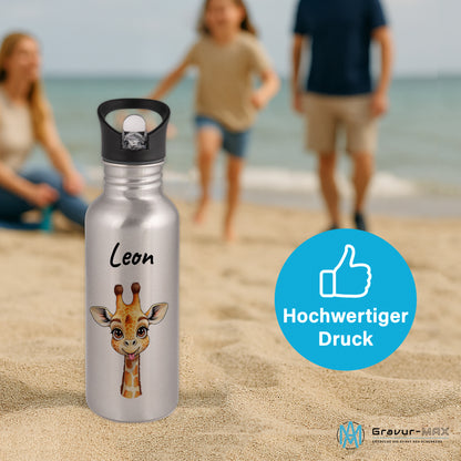 Trinkflasche mit Strohhalm in Silber 600ml bedruckt mit niedlichen Tieren"Giraffe" personalisierbar für Kinder mit Wunschname aus Edelstahl