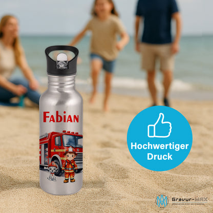 Trinkflasche mit Strohhalm in Silber 600ml bedruckt mit tollen Motiven für Kinder "Feuerwehr" personalisierbar für Kinder mit Wunschname aus Edelstahl