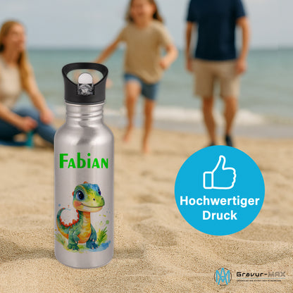 Trinkflasche mit Strohhalm in Silber 600ml bedruckt mit tollen Motiven für Kinder "Dino Kinder" personalisierbar für Kinder mit Wunschname aus Edelstahl