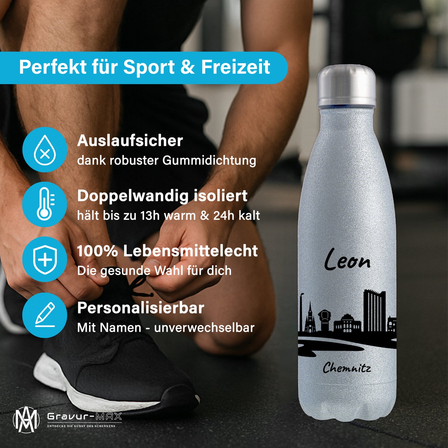 Glitzer Trinkflasche in Silber 500ml aus Edelstahl bedruckt mit der Skyline von Chemnitz personalisierbar mit Wunschname