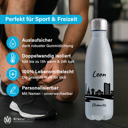 Glitzer Trinkflasche in Silber 500ml aus Edelstahl bedruckt mit der Skyline von Chemnitz personalisierbar mit Wunschname
