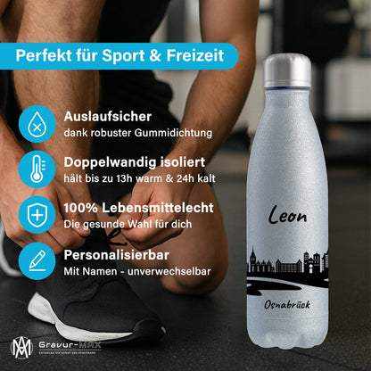 Glitzer Trinkflasche in Silber 500ml aus Edelstahl bedruckt mit der Skyline von Osnabrück personalisierbar mit Wunschname