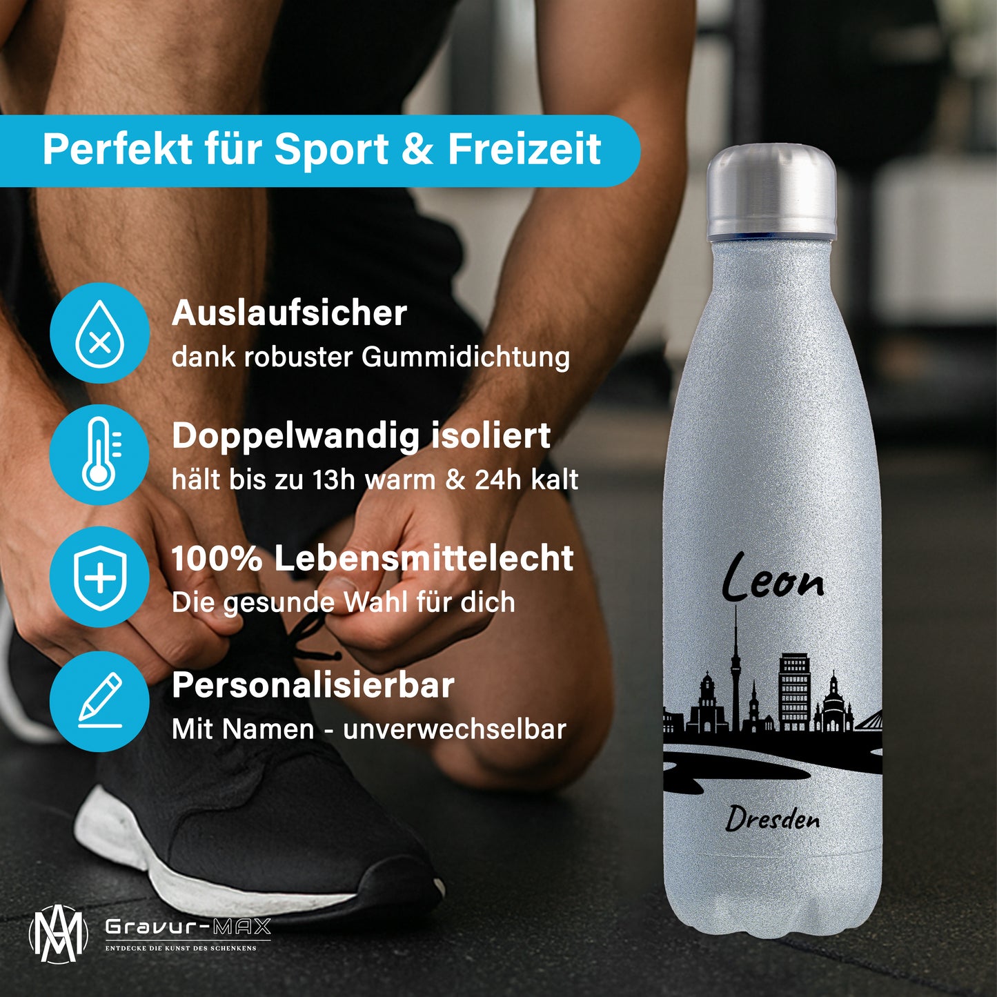 Glitzer Trinkflasche in Silber 500ml aus Edelstahl bedruckt mit der Skyline von Dresden personalisierbar mit Wunschname