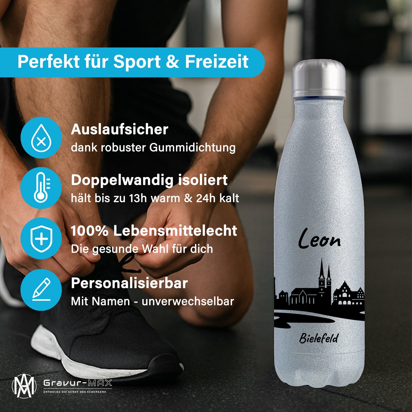 Glitzer Trinkflasche in Silber 500ml aus Edelstahl bedruckt mit der Skyline von Bielefeld personalisierbar mit Wunschname