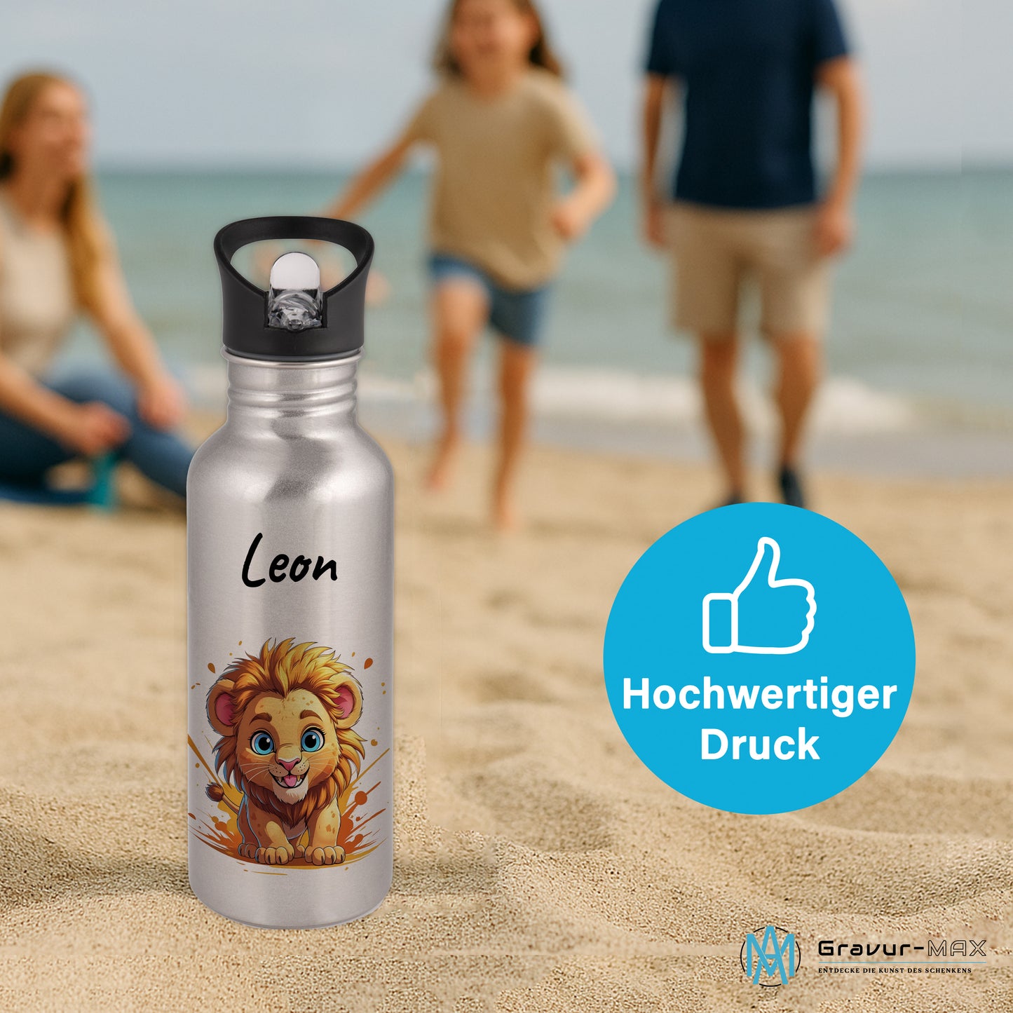 Trinkflasche mit Strohhalm in Silber 600ml bedruckt mit niedlichen Tieren"Löwe" personalisierbar für Kinder mit Wunschname aus Edelstahl
