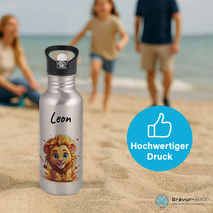 Trinkflasche mit Strohhalm in Silber 600ml bedruckt mit niedlichen Tieren"Löwe" personalisierbar für Kinder mit Wunschname aus Edelstahl