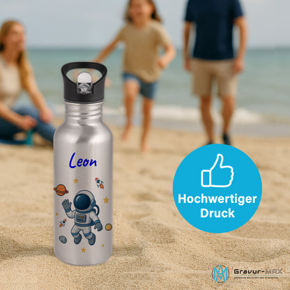 Trinkflasche mit Strohhalm in Silber 600ml bedruckt mit tollen Motiven für Kinder "Astronaut" personalisierbar für Kinder mit Wunschname aus Edelstahl