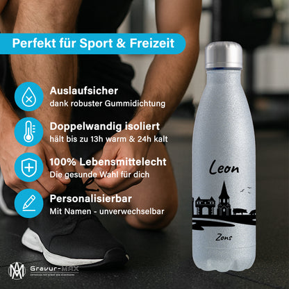 Glitzer Trinkflasche in Silber 500ml aus Edelstahl bedruckt mit der Skyline von Zons (Dormagen) personalisierbar mit Wunschname
