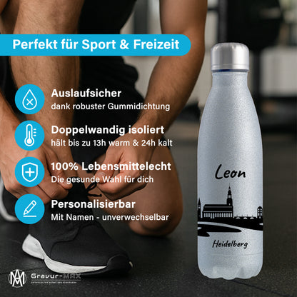 Glitzer Trinkflasche in Silber 500ml aus Edelstahl bedruckt mit der Skyline von Heidelberg personalisierbar mit Wunschname