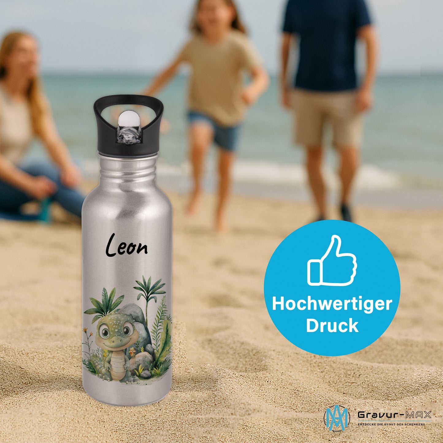 Trinkflasche mit Strohhalm in Silber 600ml bedruckt mit Dschungel Tieren"Krokodil" personalisierbar für Kinder mit Wunschname aus Edelstahl