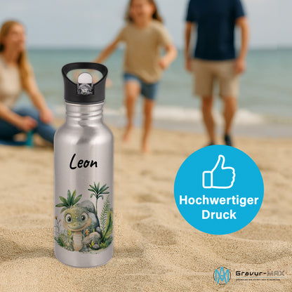 Trinkflasche mit Strohhalm in Silber 600ml bedruckt mit Dschungel Tieren"Krokodil" personalisierbar für Kinder mit Wunschname aus Edelstahl
