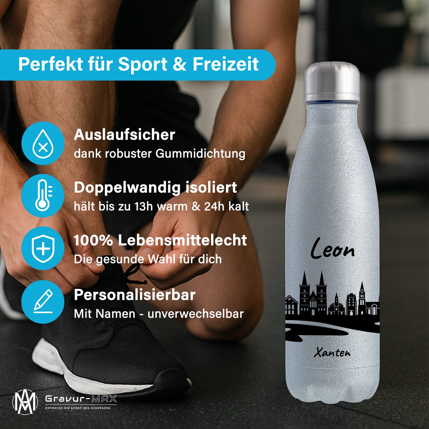 Glitzer Trinkflasche in Silber 500ml aus Edelstahl bedruckt mit der Skyline von Xanten personalisierbar mit Wunschname