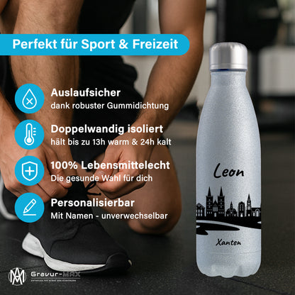 Glitzer Trinkflasche in Silber 500ml aus Edelstahl bedruckt mit der Skyline von Xanten personalisierbar mit Wunschname