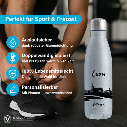 Glitzer Trinkflasche in Silber 500ml aus Edelstahl bedruckt mit der Skyline von Solingen personalisierbar mit Wunschname