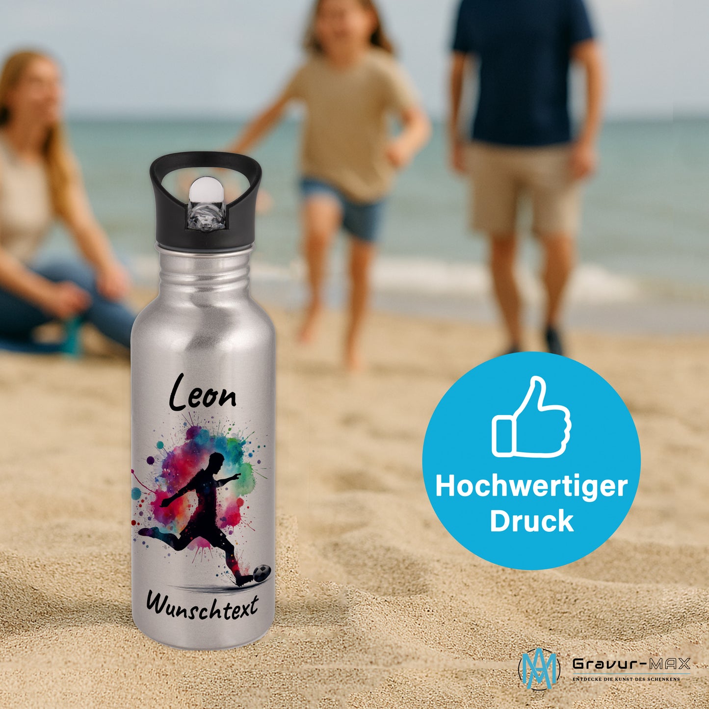 Trinkflasche mit Strohhalm in Silber 600ml bedruckt mit Fußball Motiven"Motiv4" personalisierbar für Kinder mit Wunschname aus Edelstahl